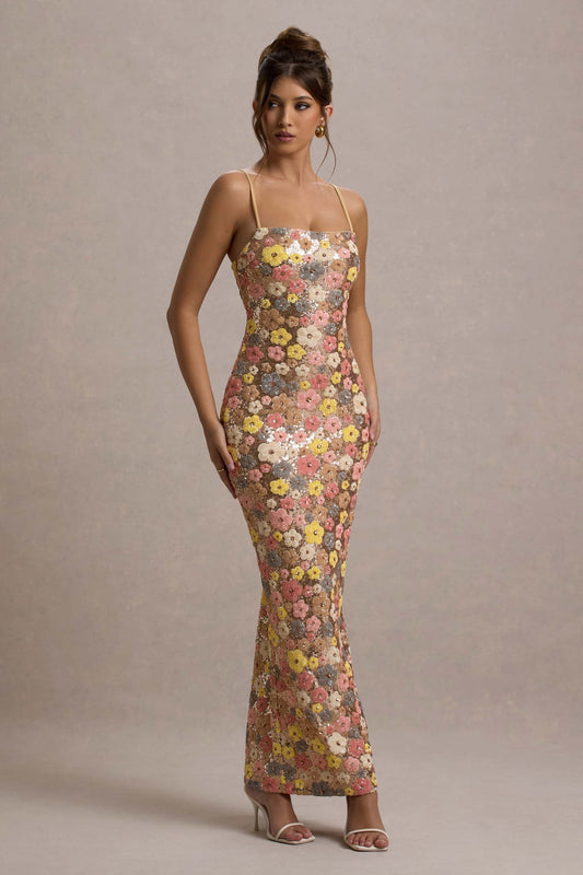 Women's pink, yellow, and grey floral sequin maxi dress with spaghetti straps, front view