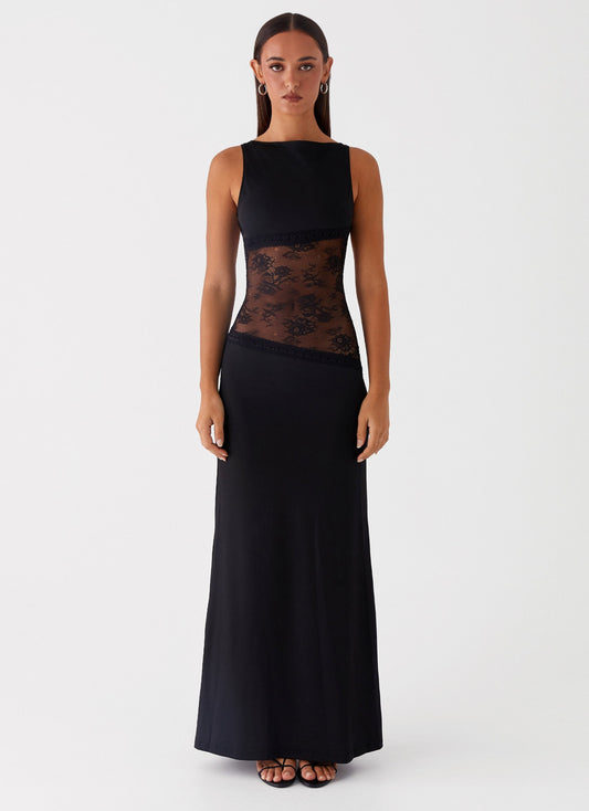 Sleeveless black Camille Lace Maxi Dress with sheer lace midsection and boat neck, full-length hem.