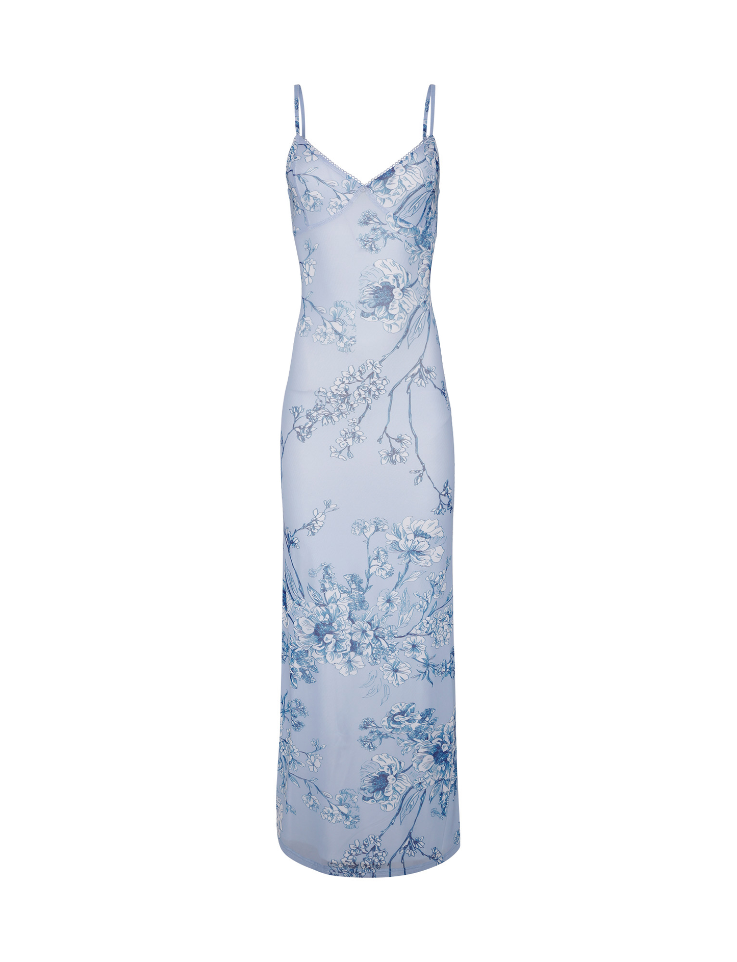 Flat lay of a light blue floral maxi dress with spaghetti straps and a v-neck, displaying the full pattern of white and blue flowers.