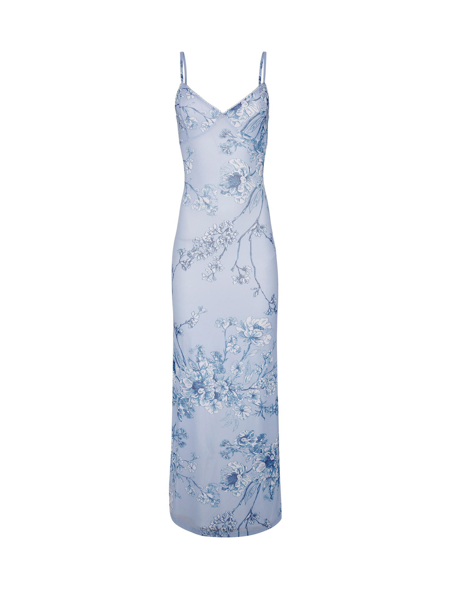 Flat lay of a light blue floral maxi dress with spaghetti straps and a v-neck, displaying the full pattern of white and blue flowers.