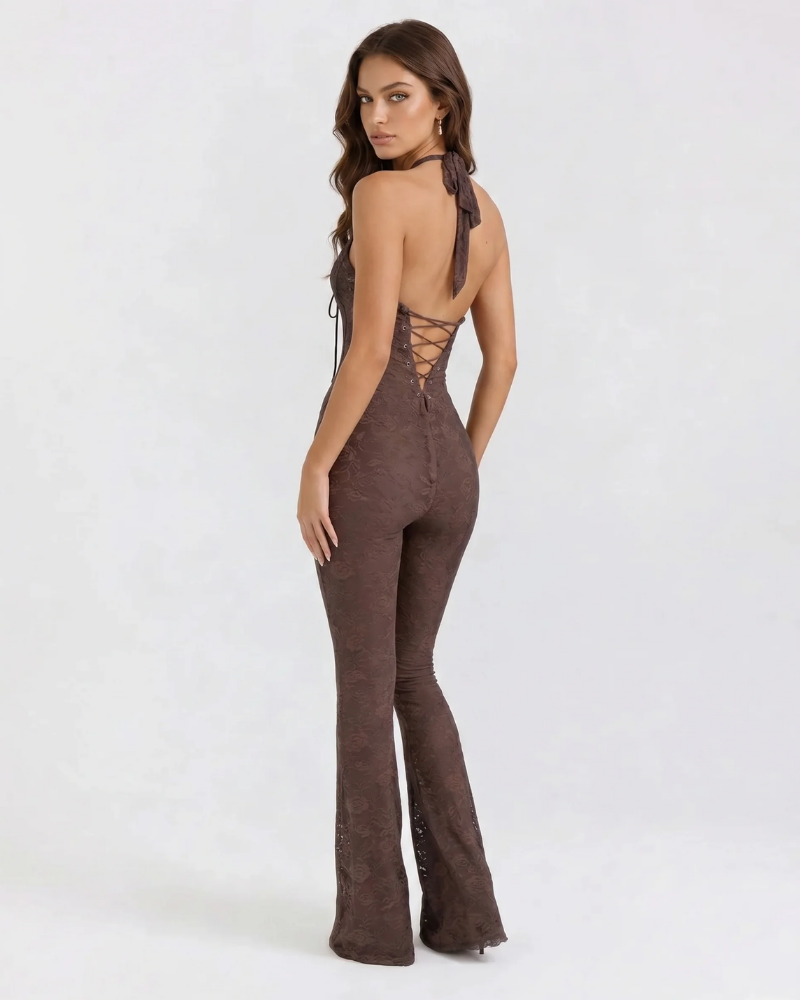 Back view of brown lace corset jumpsuit with open back and lace-up waist, flared leg fit