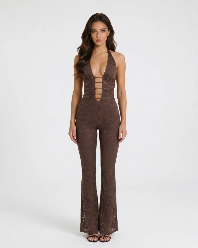Brown lace corset jumpsuit with halter neck, deep V front and ladder cutout, flared legs