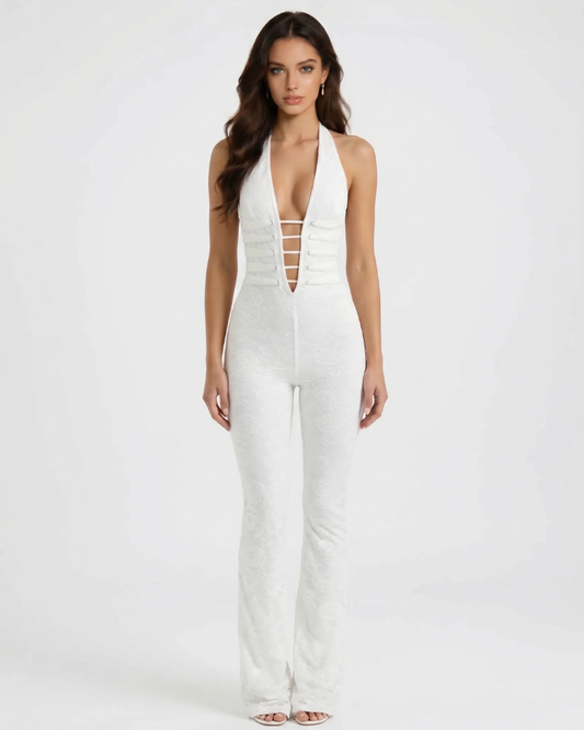 White halter corset jumpsuit with plunging V neckline, ladder strap detail and lace texture, full length