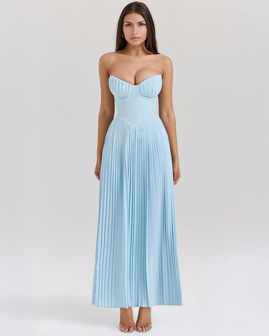 Front view of a light blue strapless pleated maxi dress with a sweetheart neckline and structured bodice.
