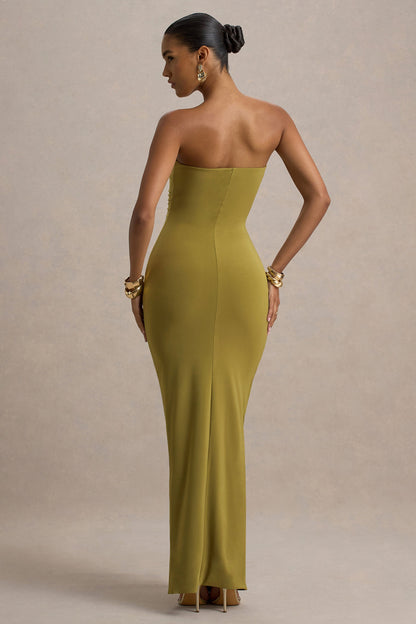 Back view of an olive green strapless ruched maxi dress, displaying the sleek silhouette and long length.