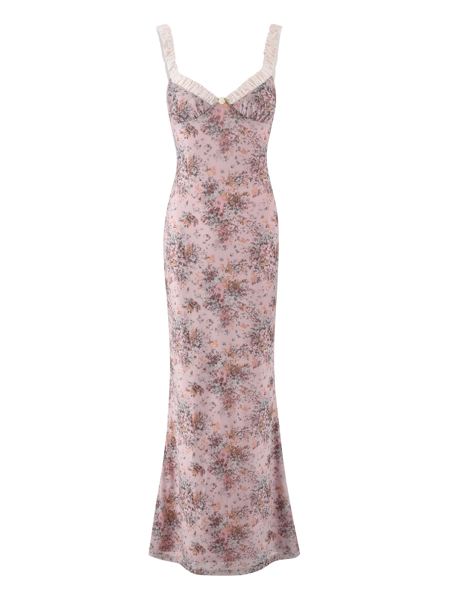 Front flat lay of the pink floral maxi dress with white ruffled straps and a flattering, elongated cut.