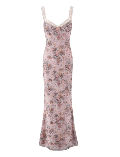 Front flat lay of the pink floral maxi dress with white ruffled straps and a flattering, elongated cut.