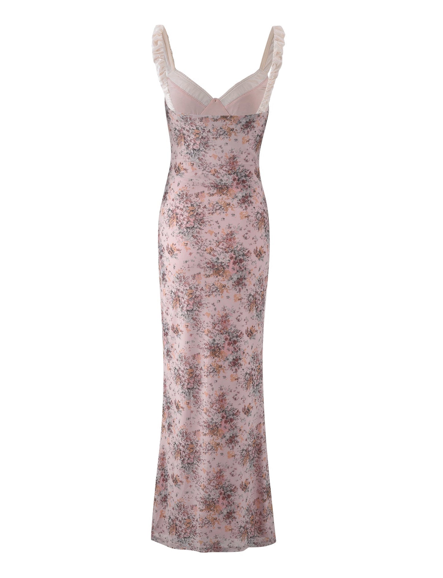 Back flat lay of the pink floral maxi dress, displaying the full print and the elegant drape of the fabric.