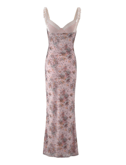 Back flat lay of the pink floral maxi dress, displaying the full print and the elegant drape of the fabric.