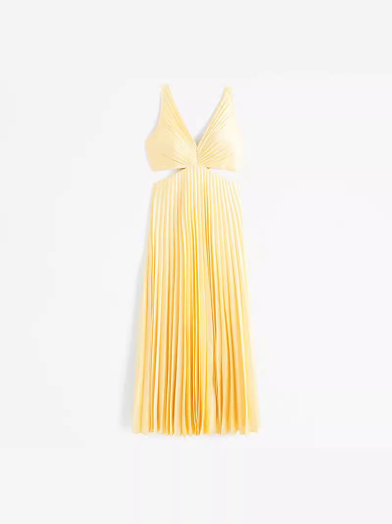 Flat lay of the light yellow Maria Pleated Maxi Dress, displaying the full pleated design, V-neck, and waist cut-outs on a white background.