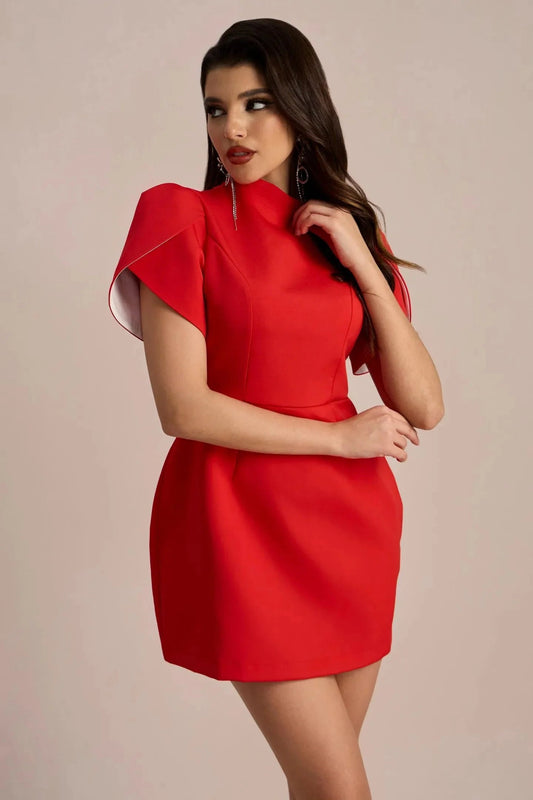 Red Nora Bow Mini Dress with short puff sleeves, high neckline, and white lining visible on the sleeves.