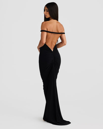 Black Paulina backless maxi dress with braided off-the-shoulder straps and a beautifully ruched back.