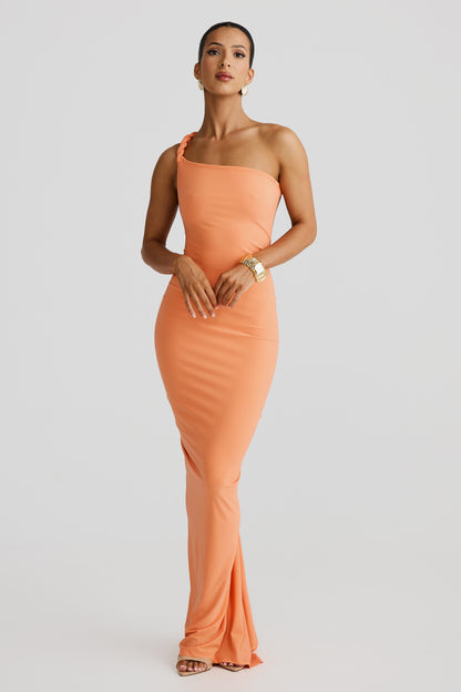 Front view of the Paulina backless maxi dress in peach, featuring a one-shoulder design with a braided strap.