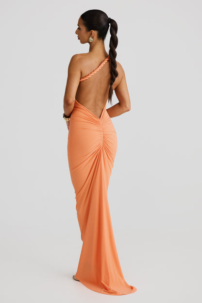 Back view of a peach Paulina backless maxi dress with a braided single strap and ruched detailing on the lower back.