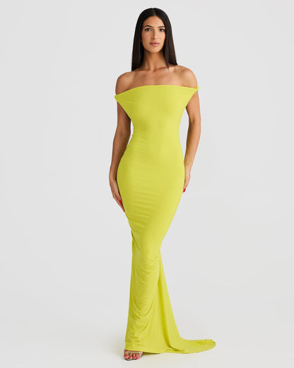 Front view of a lime green Paulina maxi dress with an off-the-shoulder neckline, form-fitting silhouette.