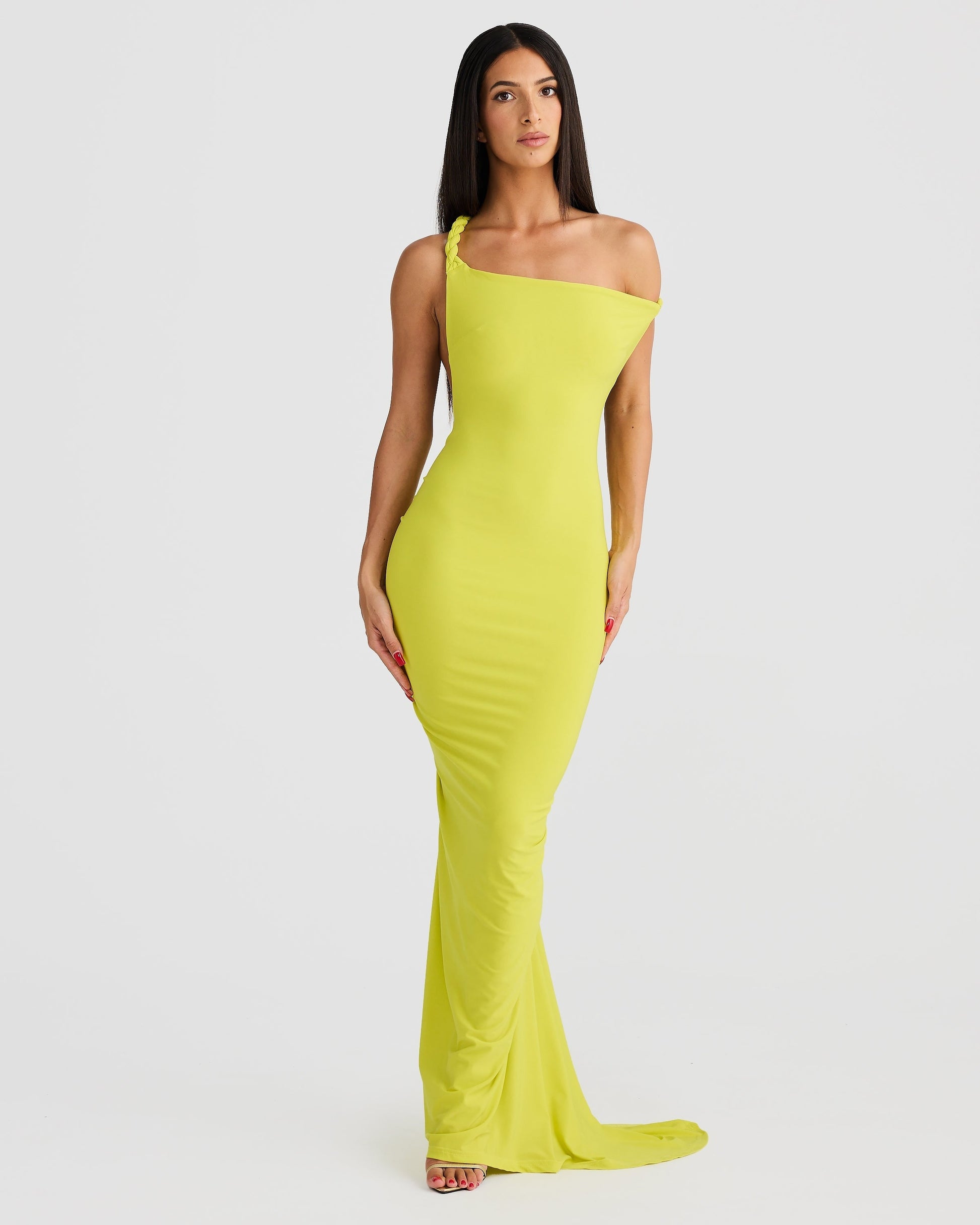 Front view of a lime green Paulina maxi dress with a one-shoulder braided strap, form-fitting design.