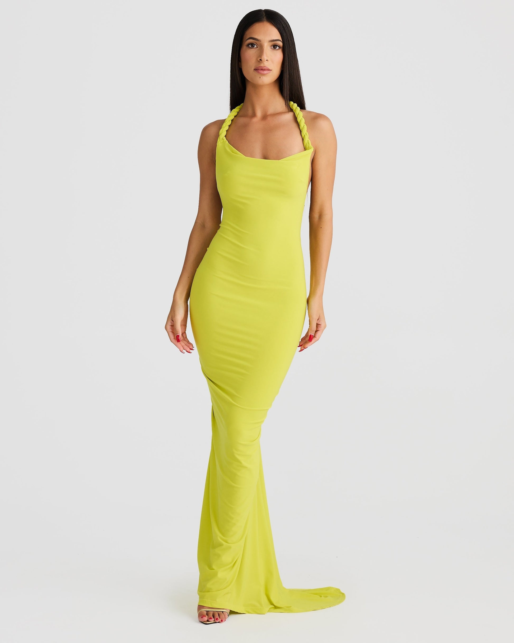 Front view of a lime green Paulina maxi dress with a halter-style braided neckline and elegant draping.