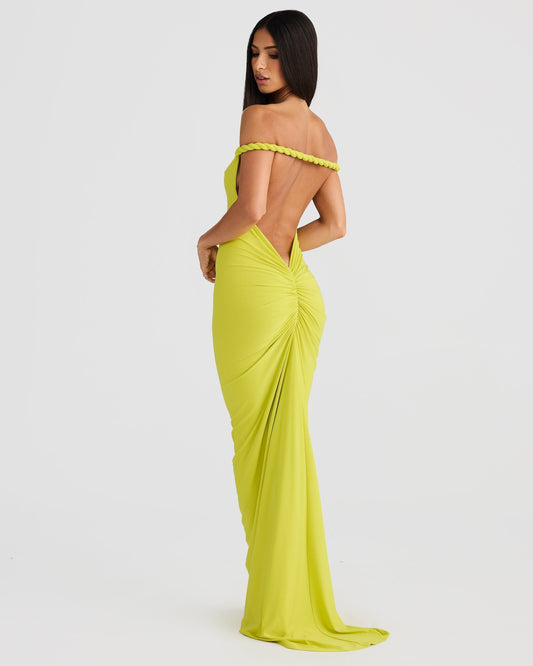 Lime green Paulina backless maxi dress with off-the-shoulder braided straps and ruched detailing on the back.