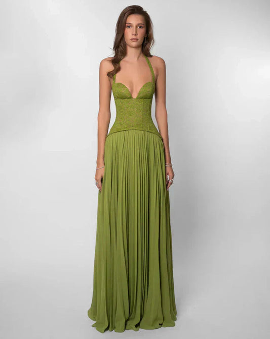 Green lace maxi dress with plunging halter neckline and pleated skirt for women, full front view.