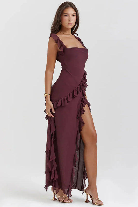 Burgundy ruffle maxi dress with thigh-high slit — front view with cascading hemline.