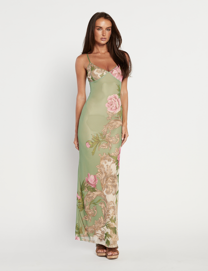 Olive green floral mesh maxi dress — back view showing sleek detail and fitted drape