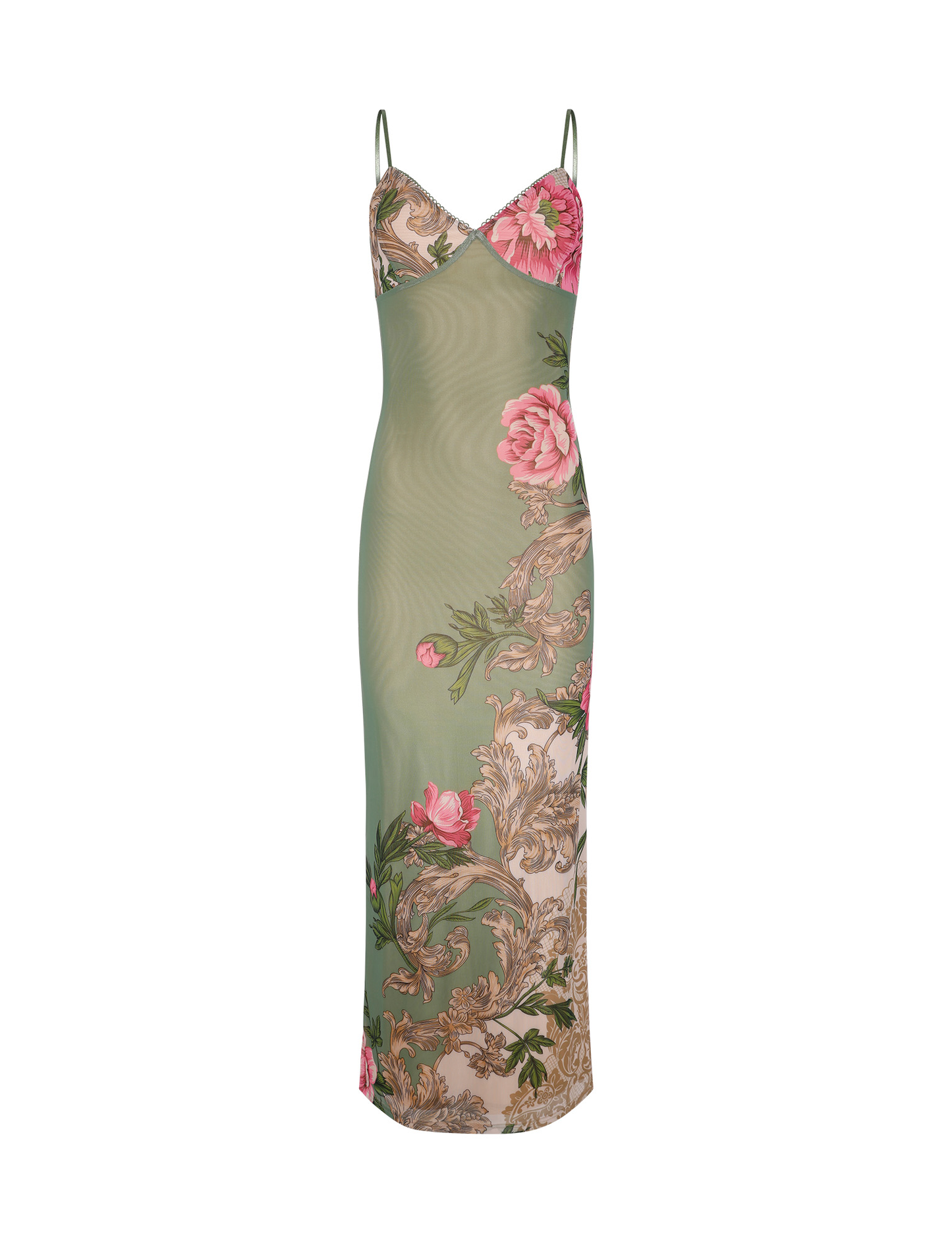 Front flat lay of the green mesh maxi dress featuring pink floral and ornate baroque patterns on a white background.