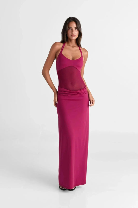 Pink mesh halter maxi dress — front view showing mesh panel and ruched waist detail