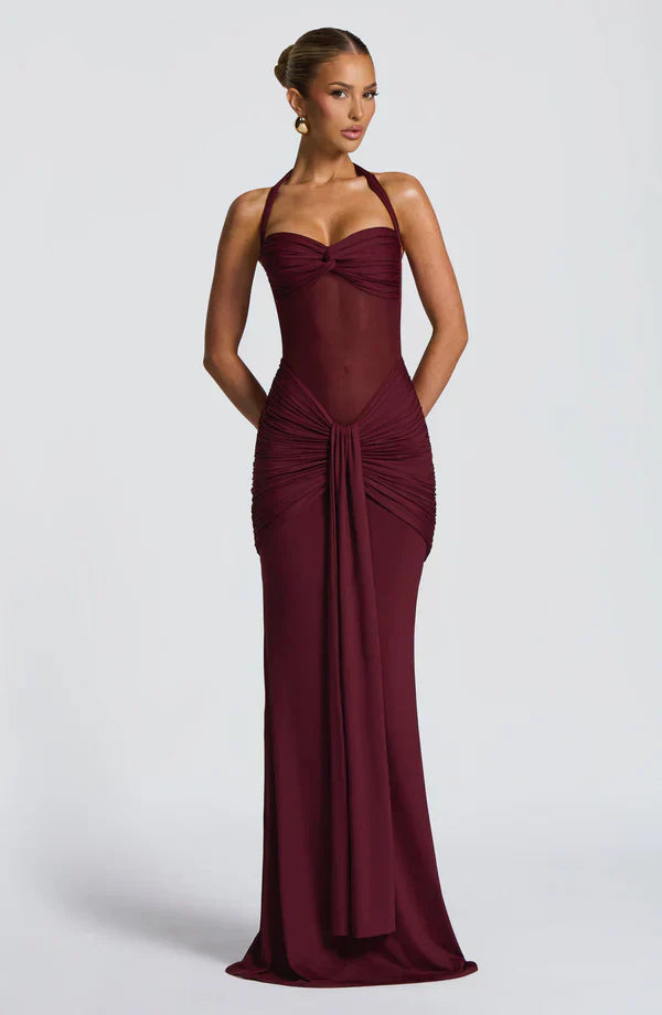 Cherry Lacquer ruched maxi dress with sheer halter bodice and twist neck detail