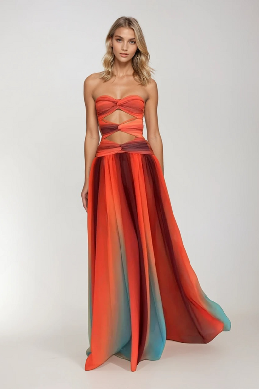 Ombre orange and red Kiana Cutout Maxi Dress with a strapless knotted bodice for women, front view.