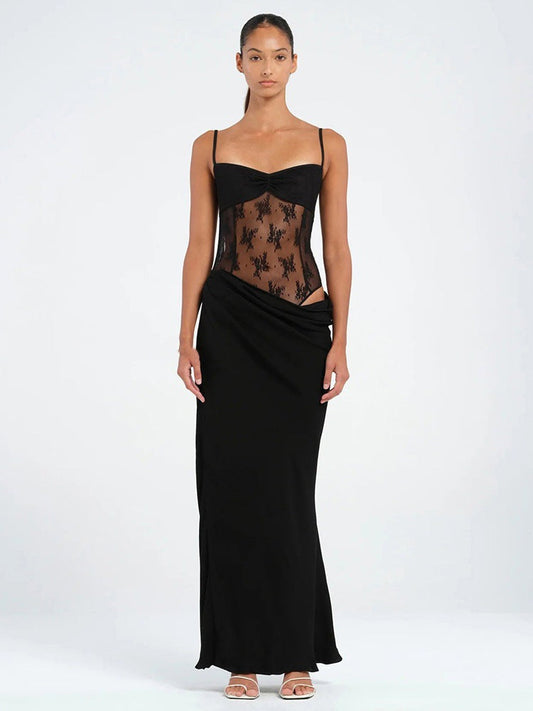 Full-length black lace maxi dress with draped skirt detail and sweetheart neckline, spaghetti straps