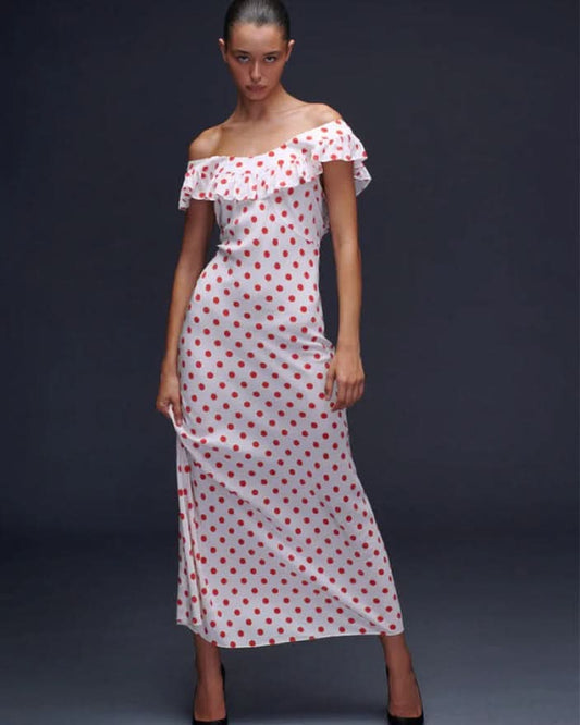 White polka dot maxi dress with off-shoulder ruffled neckline for women, front view
